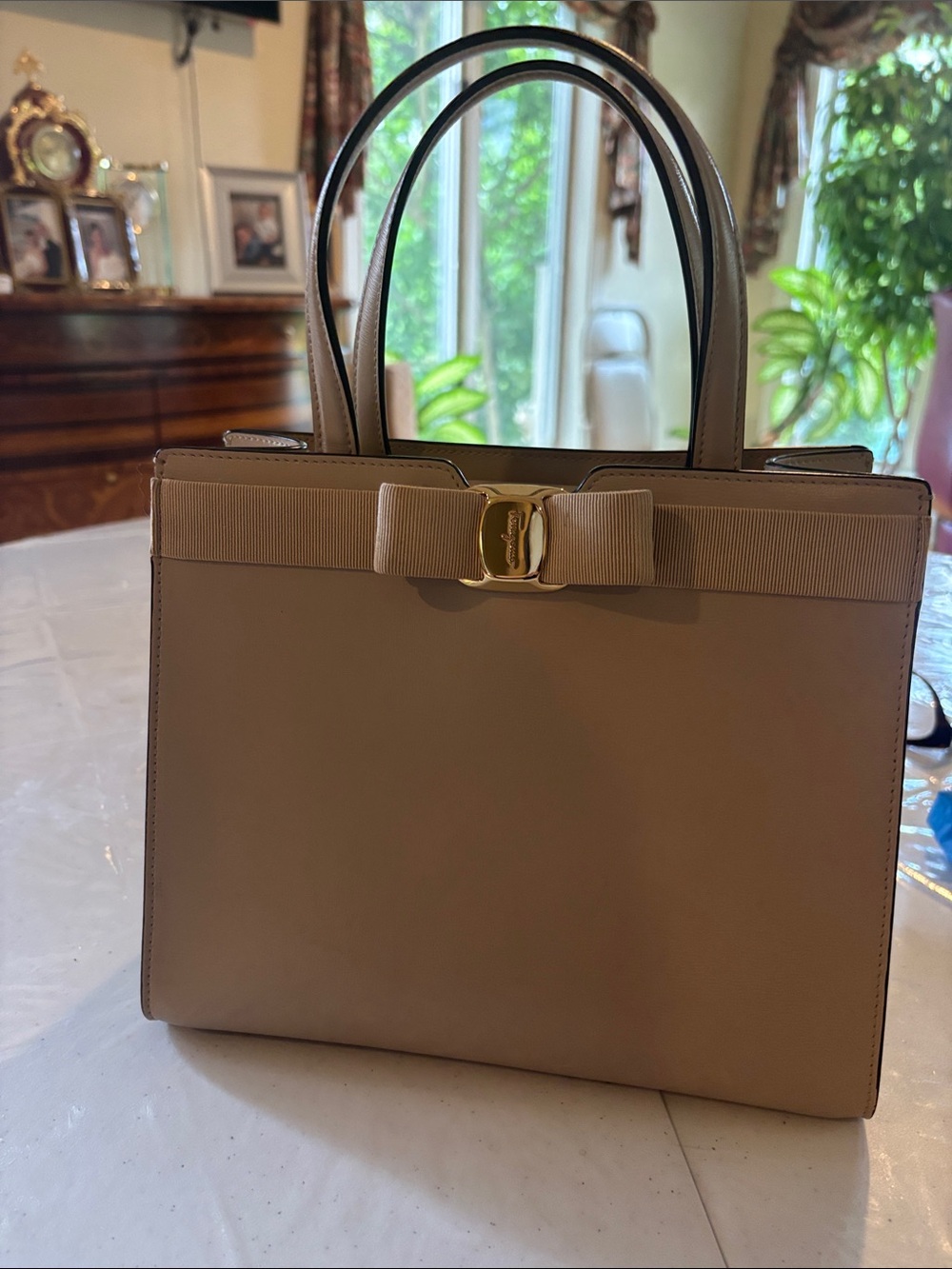 Salvatore Ferragamo Taupe Leather Vara Bow Satchel with Gold Hardware